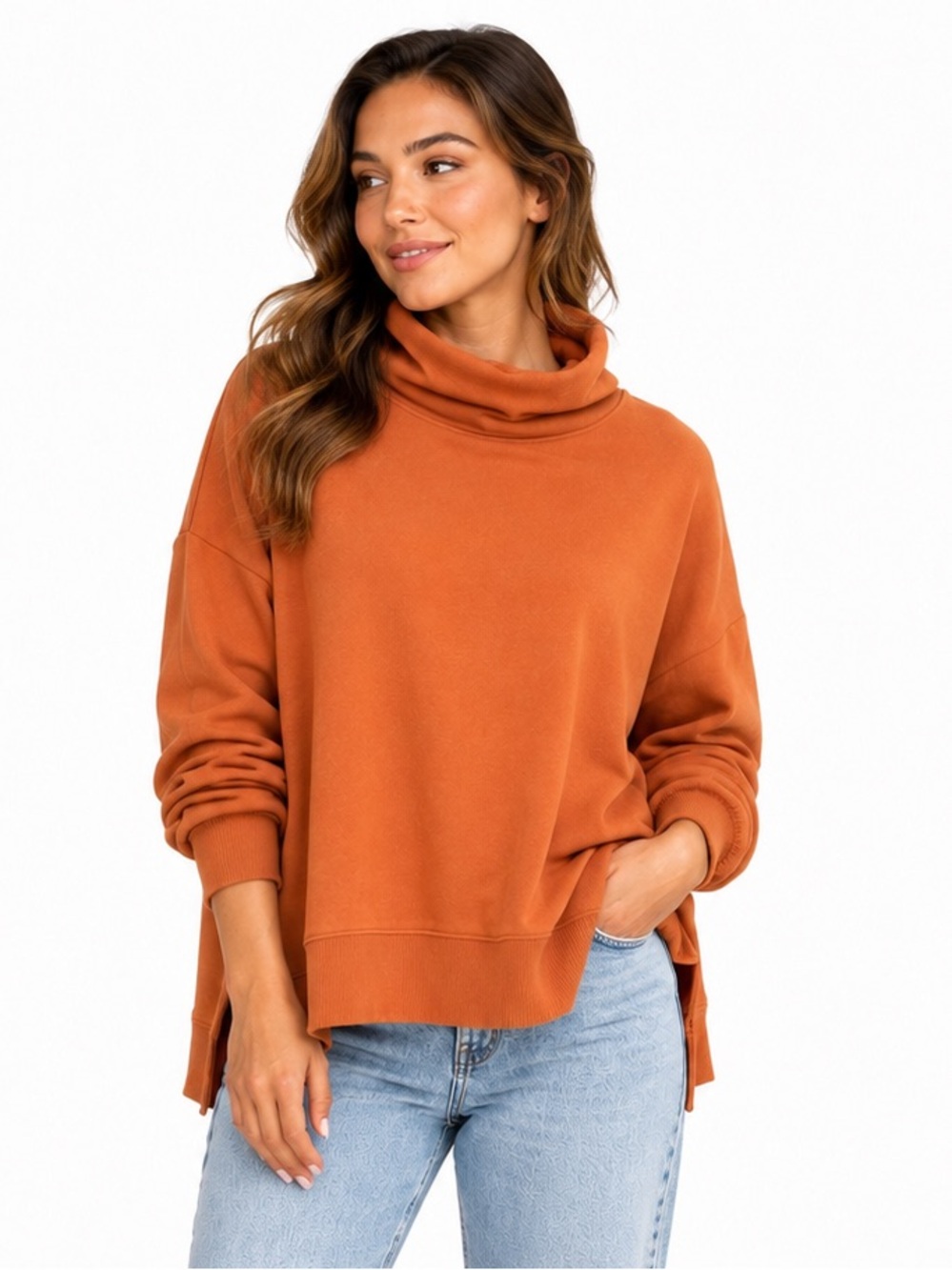 Aerie Burnt Orange Oversized Funnel Neck Sweatshirt Small Cozy Fleece